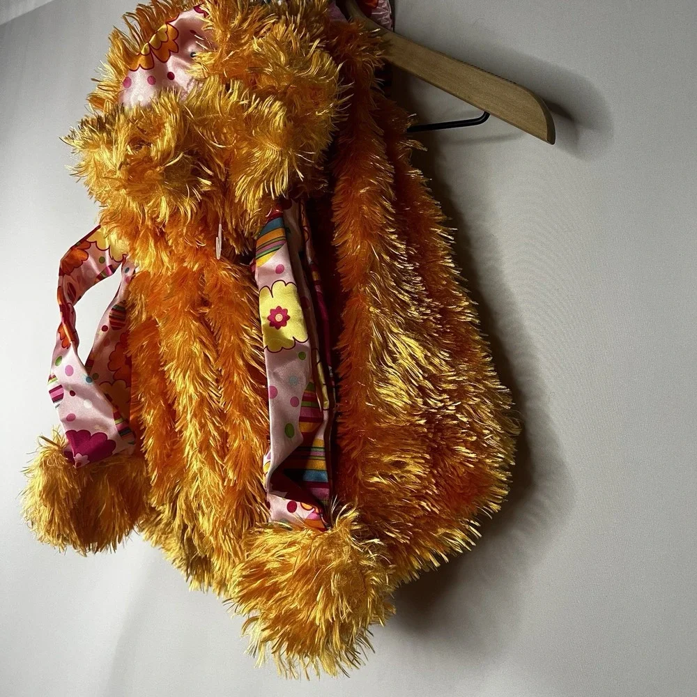 Freckles & Maya Bag Orange Faux Fur Backpack‎ Satin Fabric Lining Drawstring